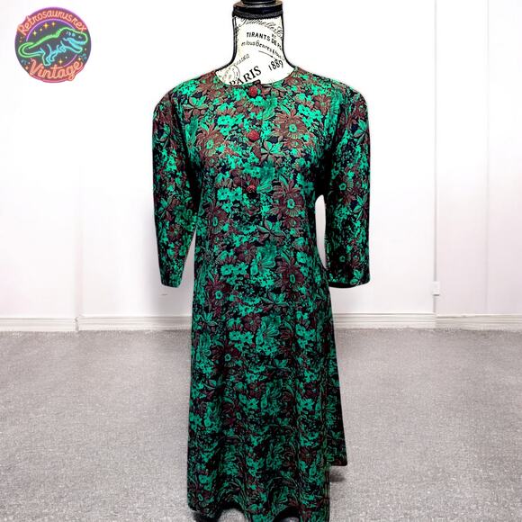 Vintage Rockabilly Mod Retro Green Floral Day Swing Dress, Plus Size - Picture 7 of 7